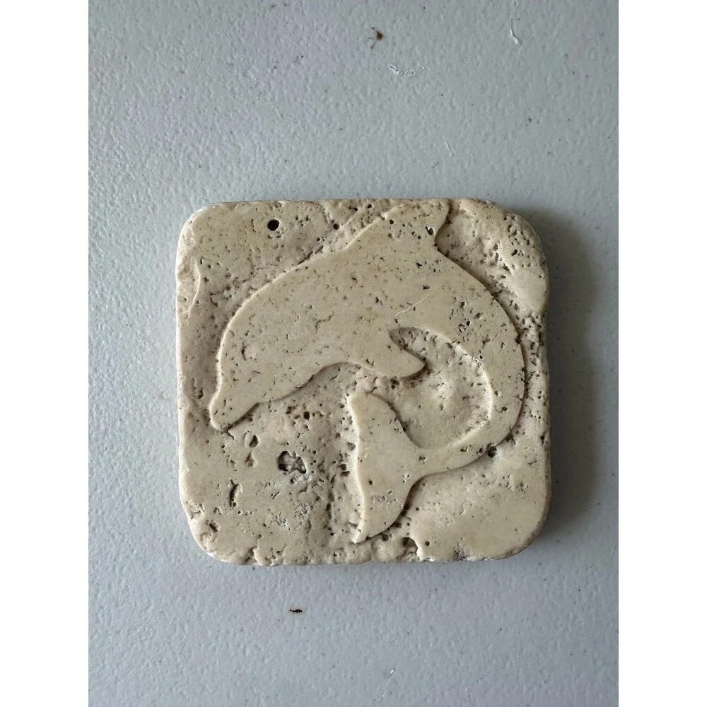 Travertine Stone Decorative Textured Carved Dolphin Square Coaster